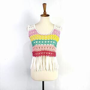Rainbow crochet knit tank top with fringe Vivid Importers of NY  Size L/XL